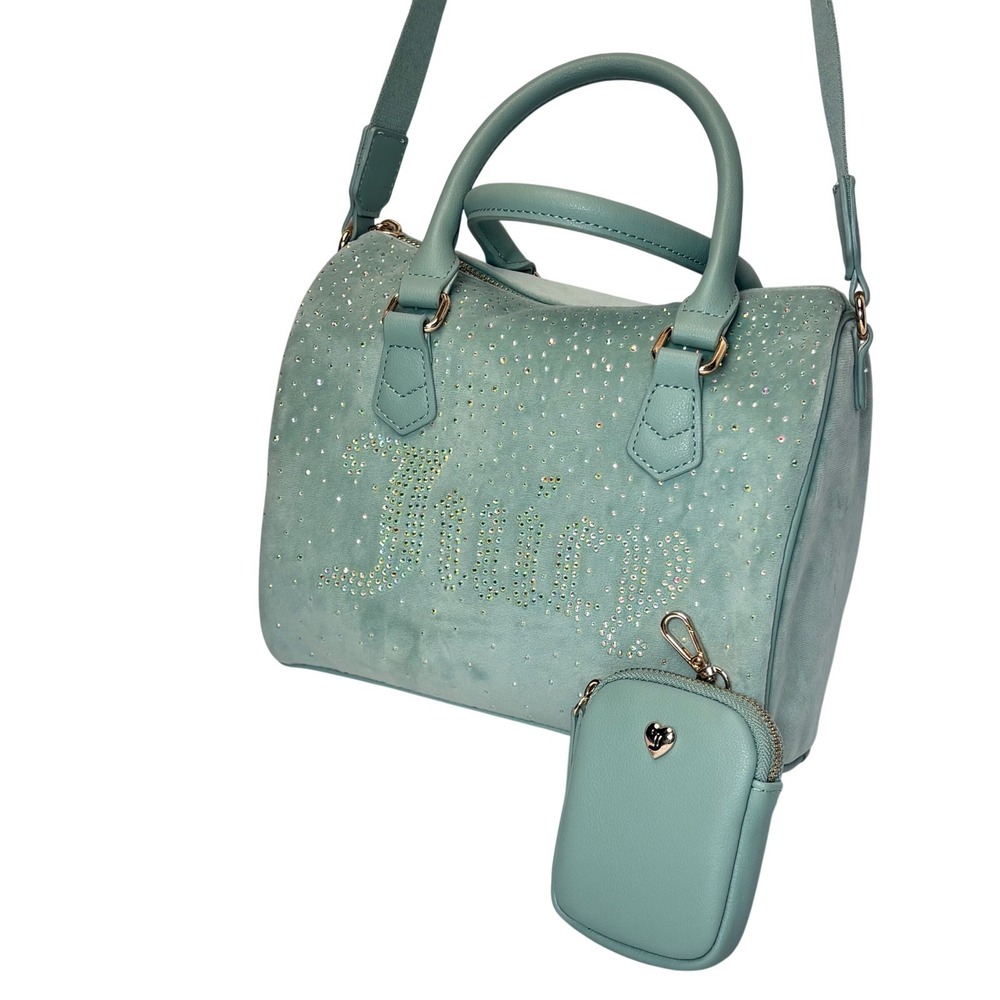 Juicy Couture Crossbody Satchel Bag Y2K Mint Green Blue Rhinestone Velour - Picture 3 of 14